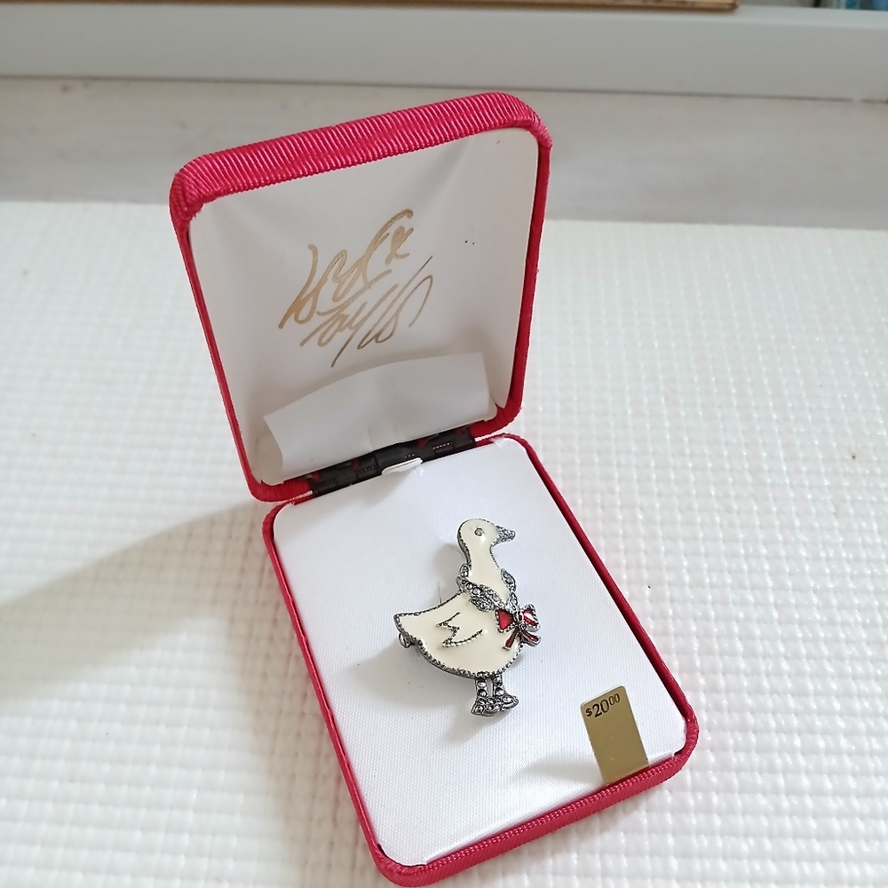Vintage Lord & Taylor Goose Enamel Brooch, rhinestones, new in box